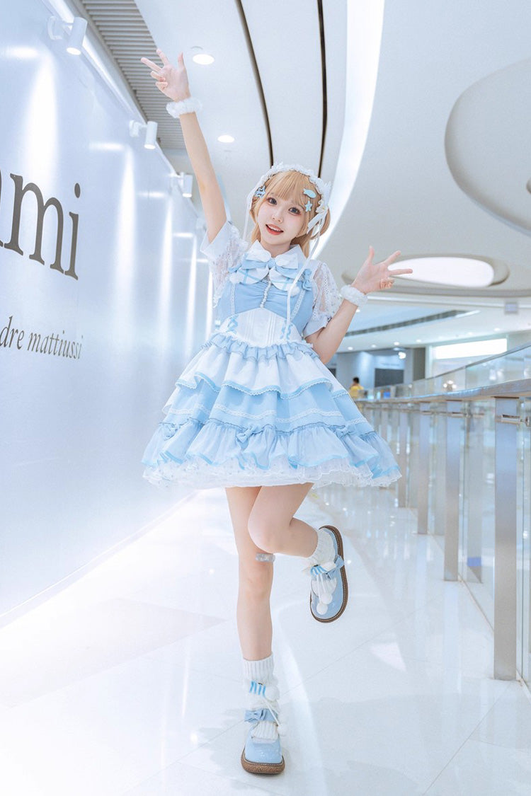 Blue/White Cotton Cloud Lapel Collar Ruffle Bowknot Lace-Up Sweet Lolita Jsk Dress