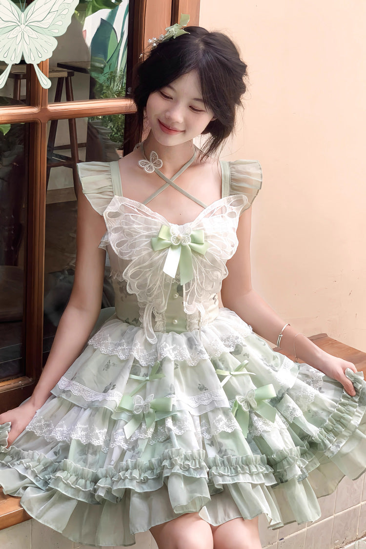 Green Promise of the Blooming Season Print Ruffle Bowknot Lace Sweet Princess Lolita Jsk Dress