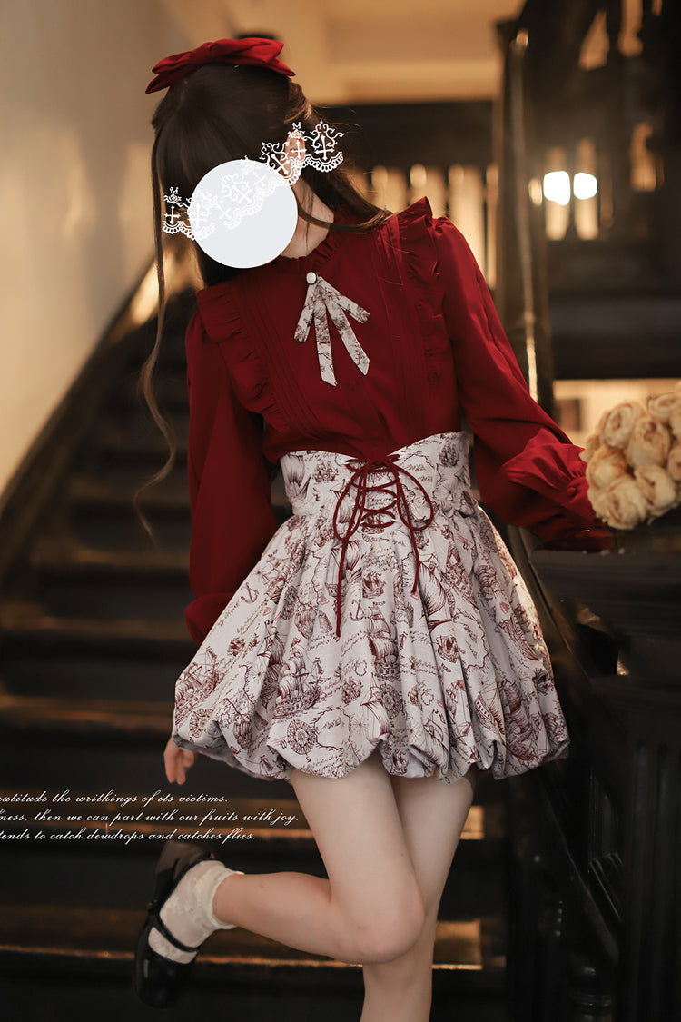 Grey Elise Print Ruffle Lace-Up Sweet Lolita Skirt