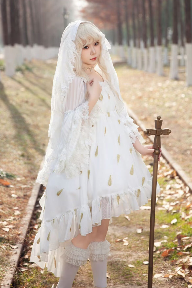 Feather Snowflake Embroidery Print Sleeveless Ruffle Bowknot Sweet Lolita Jsk Dress 3 Colors