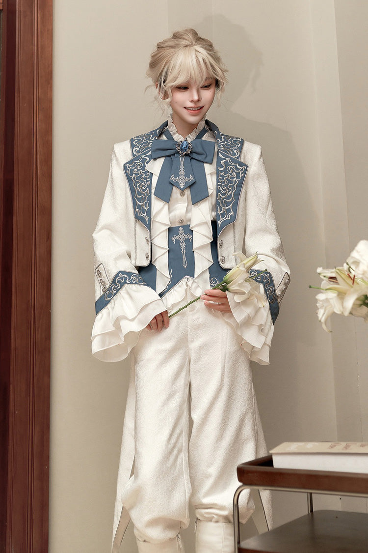 White Moonlit Paladin Prince Ruffle Embroidery Bowknot Classic Prince Handsome Ouji Lolita Set
