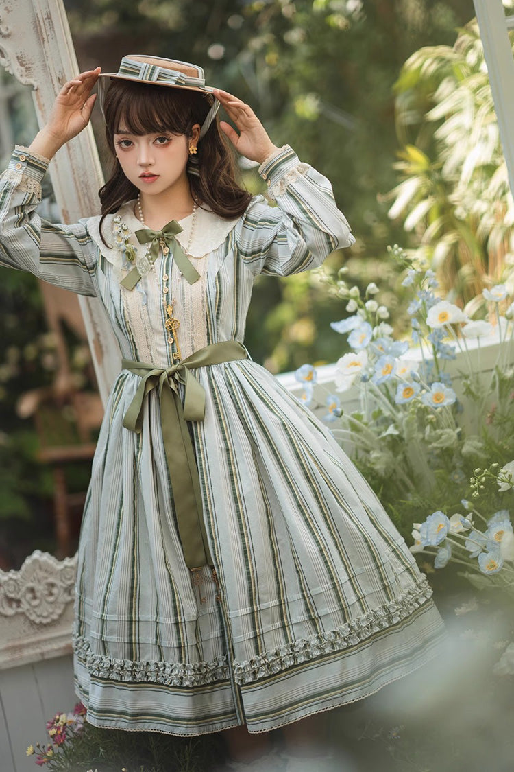 Forest Atlas Striped Print Long Sleeves Bowknot Sweet Lolita Dress 3 Colors
