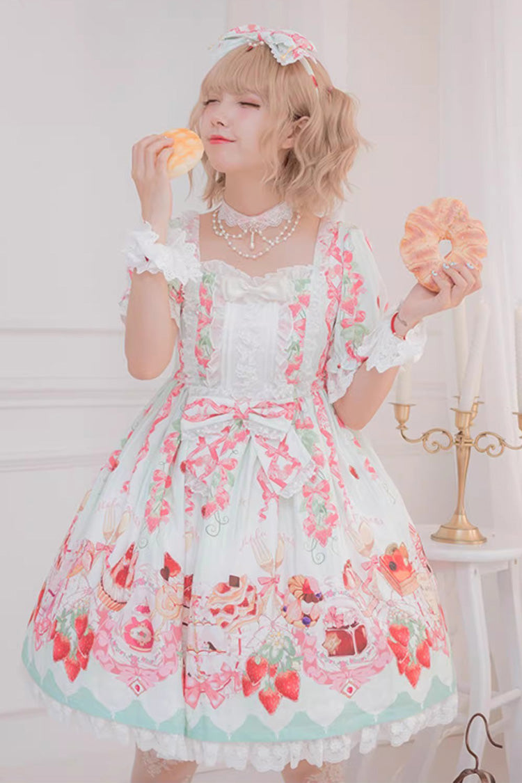 Strawberry Feast Short Sleeves Printed Ruffled Bow Sweet Lolita Dress 4 Colors