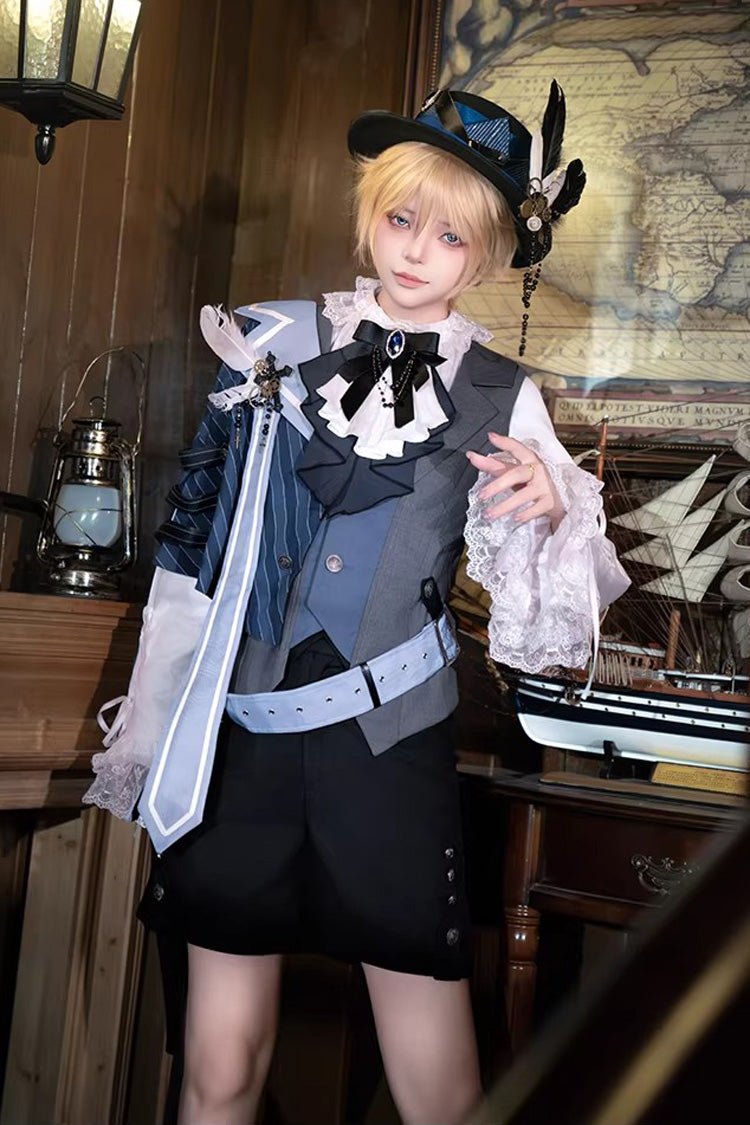White/Grey/Blue Age of Machines Bow Asymmetric Punk Prince Ouji Lolita Shorts Vest Cloak Set