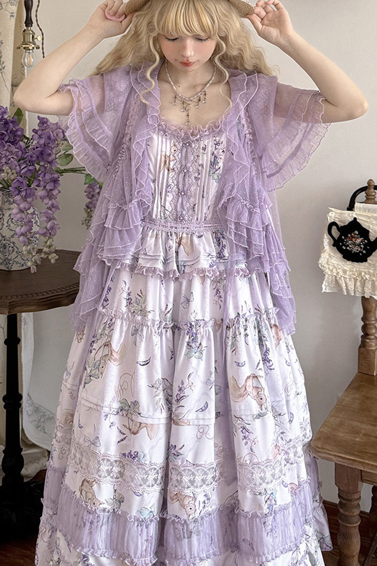 Purple Pea Squirrel Sleeveless Multi-Layered Pastoral Print Ruffle Embroidery Lace Sweet Elegant Lolita Jsk Dress