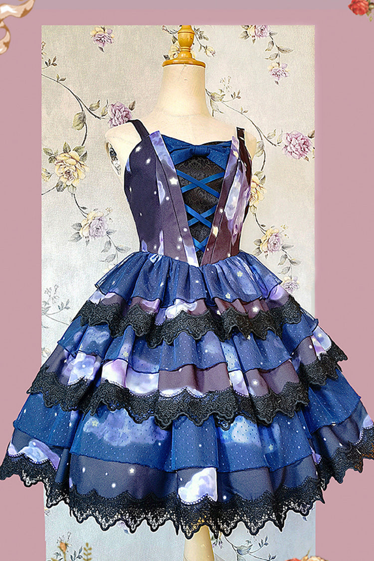 Blue Triple-Layered Clouds Print Ruffle Stitching Lace Sweet Lolita Dress