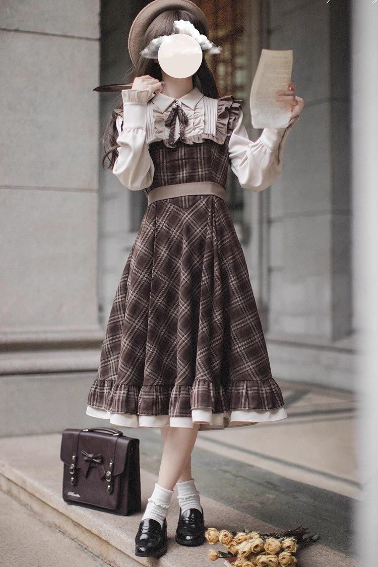 Brown The Thames at Dusk Print Long Sleeves Ruffle Fake Two Pieces Vintage College Style Lolita Dress