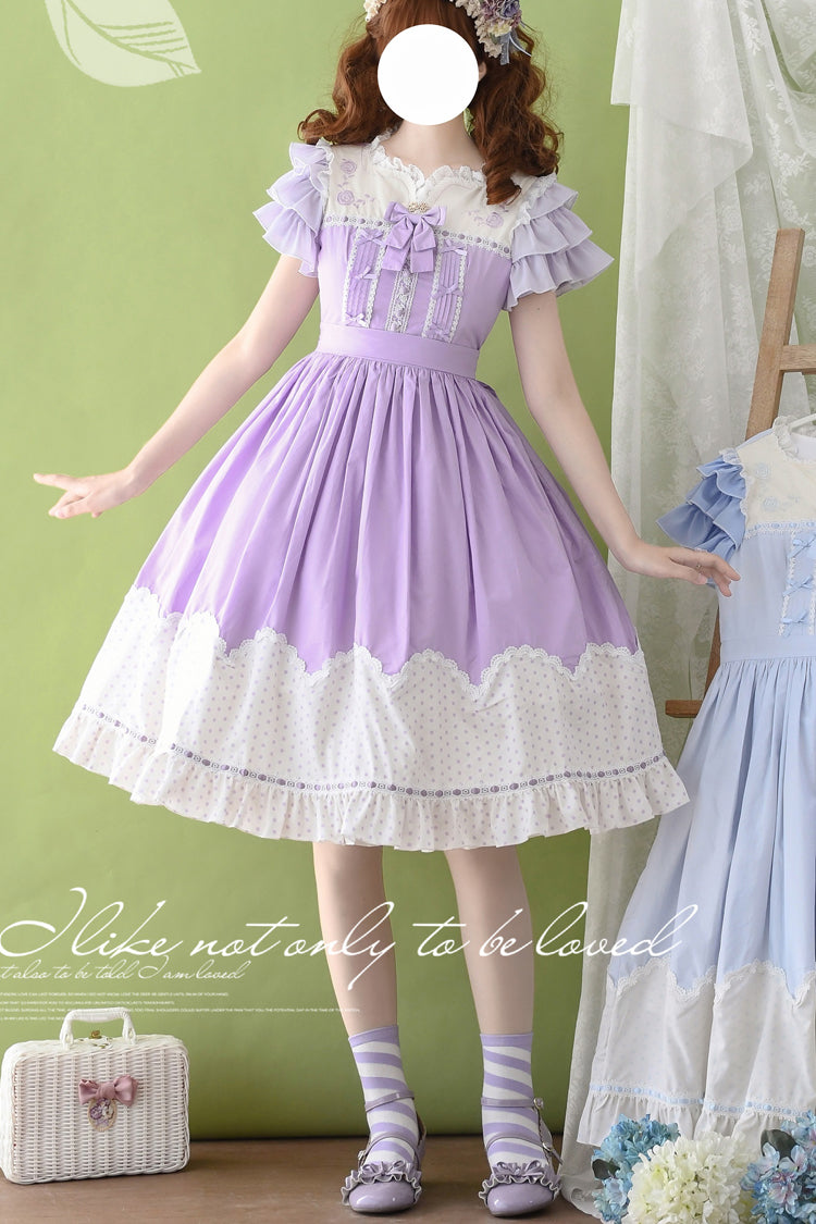 Summer Wind Short Sleeves Polka Dot Print Ruffle Embroidery Sweet Lolita Dress 3 Colors