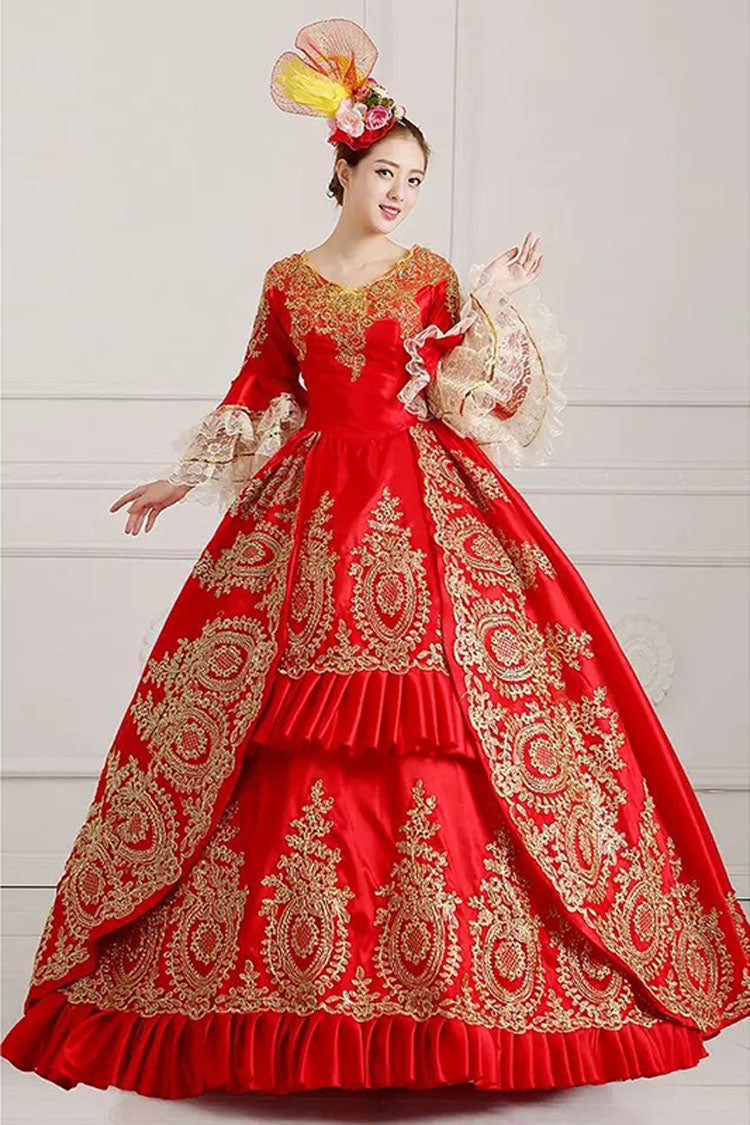 Multi-Layer Half Sleeves Trumpet Sleeves High Waisted Hollow Embroidery Floral Print Ruffled Victorian Lolita Prom Dress