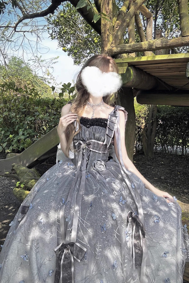 Silver Grey Starry Night Solo Ruffle Hanayome Embroidery Bowknot Lace Sweet Gorgeous Lolita Jsk Dress