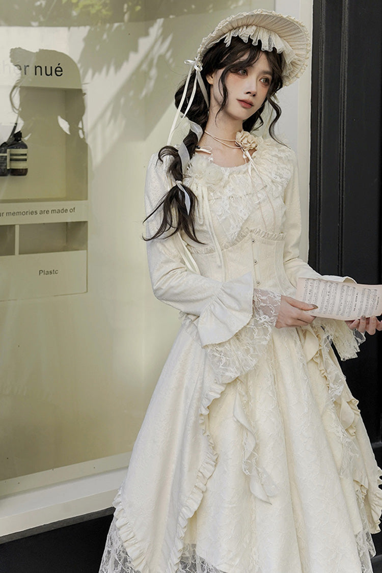 Ivory White Tea Long Sleeves Ruffle Bowknot Lace Irregular Classic Princess Lolita Dress