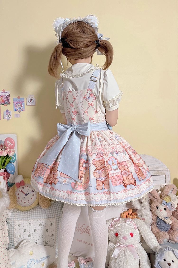 Bear Anniversary Celebration Sleeveless Printed Ruffled Bow Sweet Lolita Strap Dress 2 Colors
