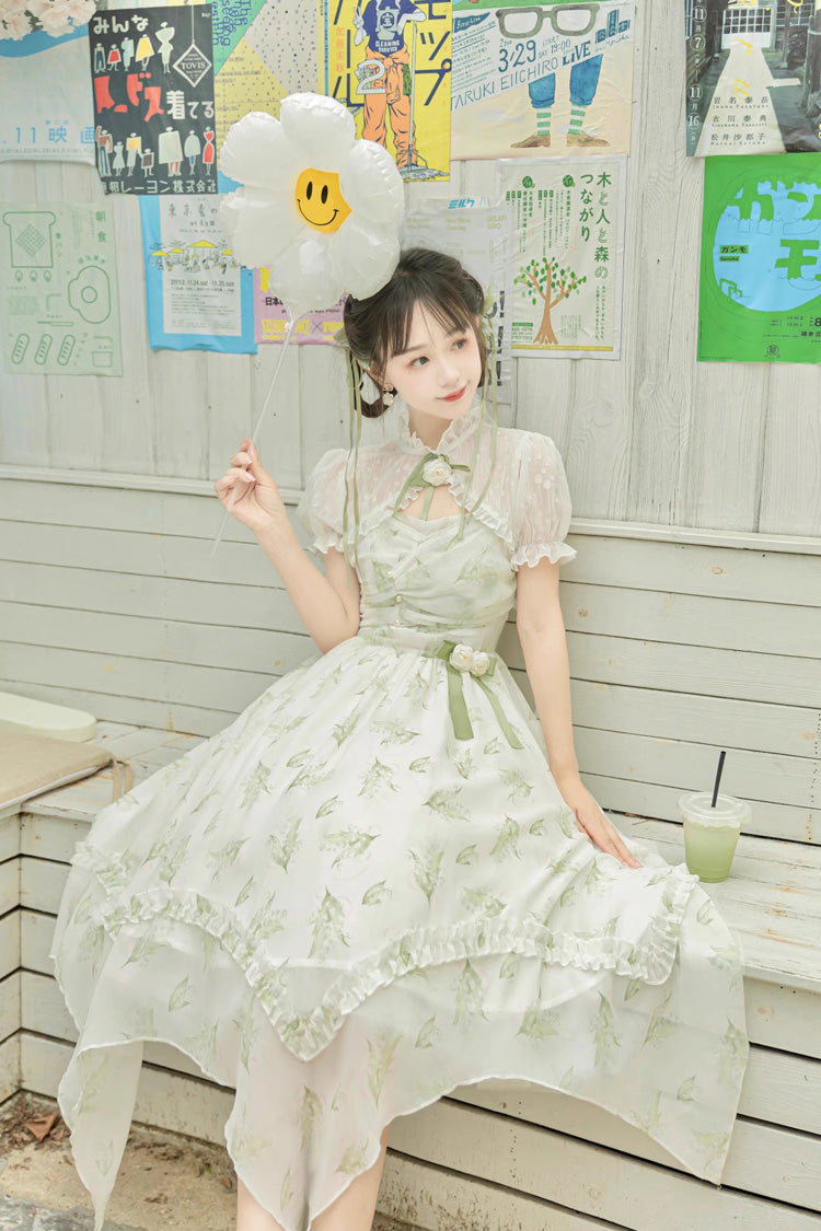 Lily of the Valley Spring Short Sleeves Jacquard Print Bowknot Irregular Sweet Lolita Jsk Dress