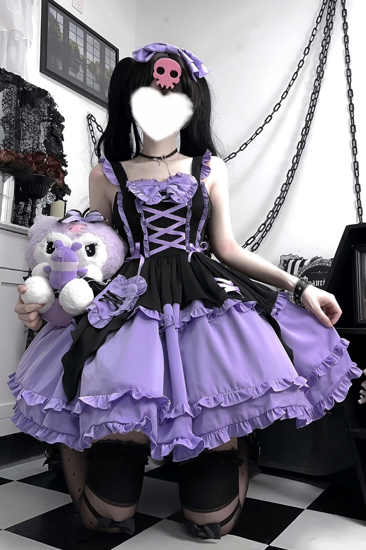 Black/Purple Halloween Little Witch Sleeveless Double-Layered Ruffle Bowknot Lace-Up Gothic Lolita Jsk Dress