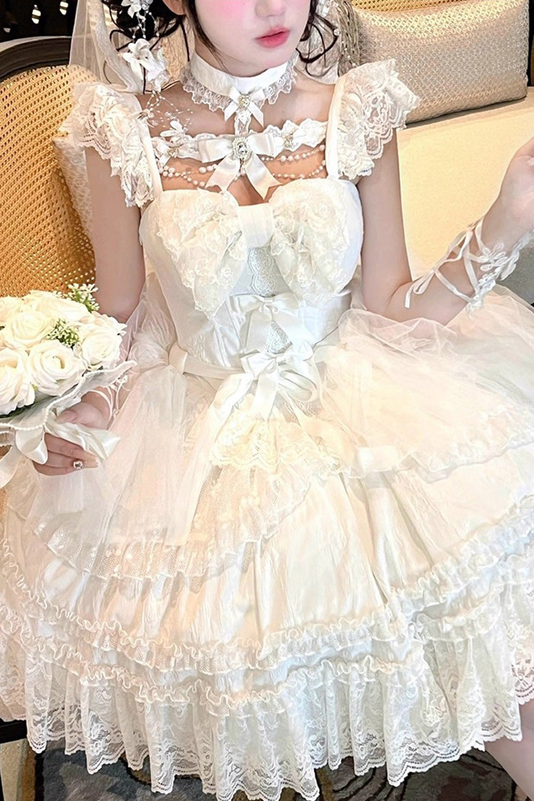 White Jewelry Love Story Halterneck Ruffle Hanayome Bowknot Lace Gothic Lolita Dress