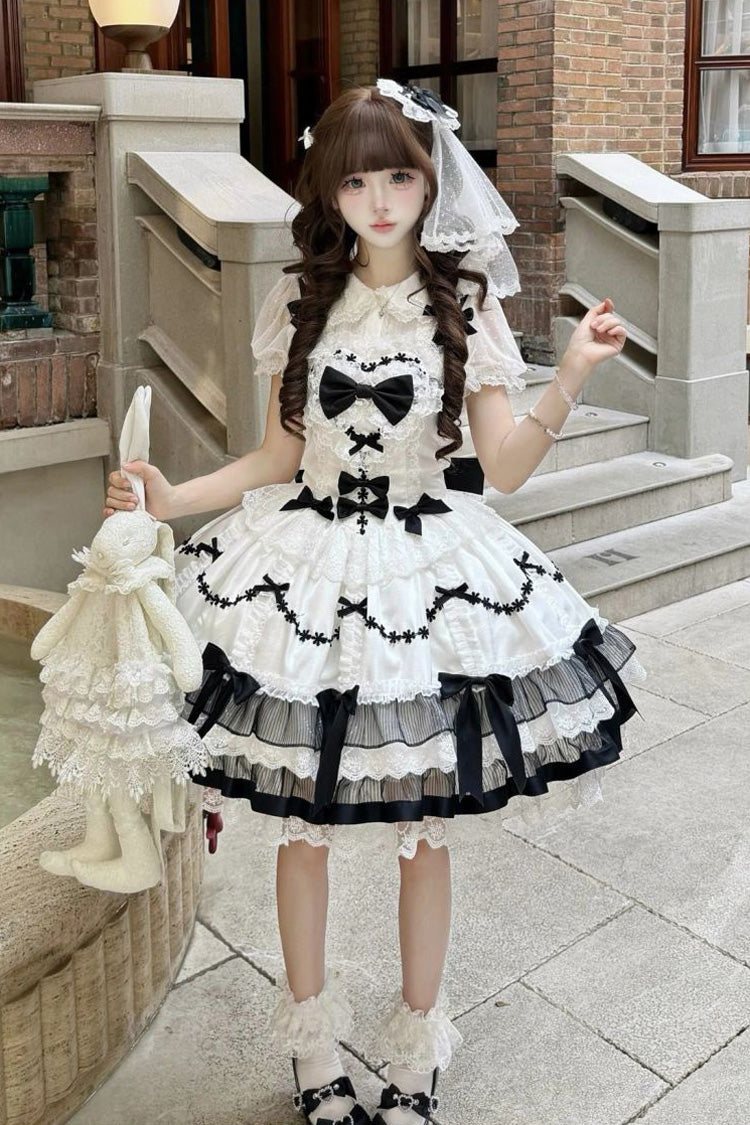 Black/White Scarlet Heart Cocoa Sleeveless Triple-Layered Ruffle Embroidery Bowknot Lace Sweet Lolita Jsk Dress