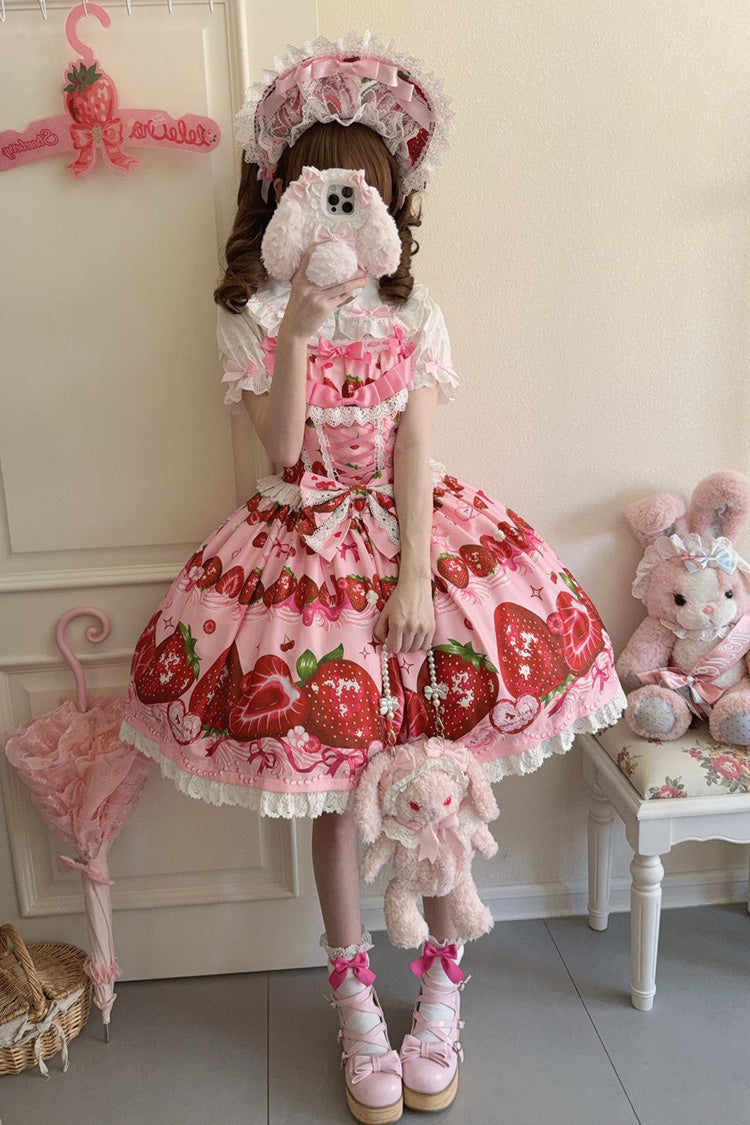 Sweet Berry Tale Strawberry Print Ruffle Bowknot Lace Sweet Lolita Jsk Dress 4 Colors