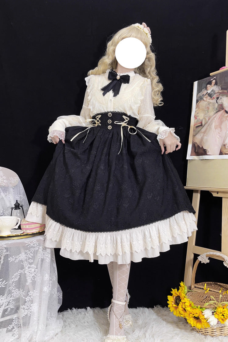Black Heart of Rose High Waisted Ruffle Embroidery Lace-Up Sweet Vintage Elegant Palace Lolita Skirt