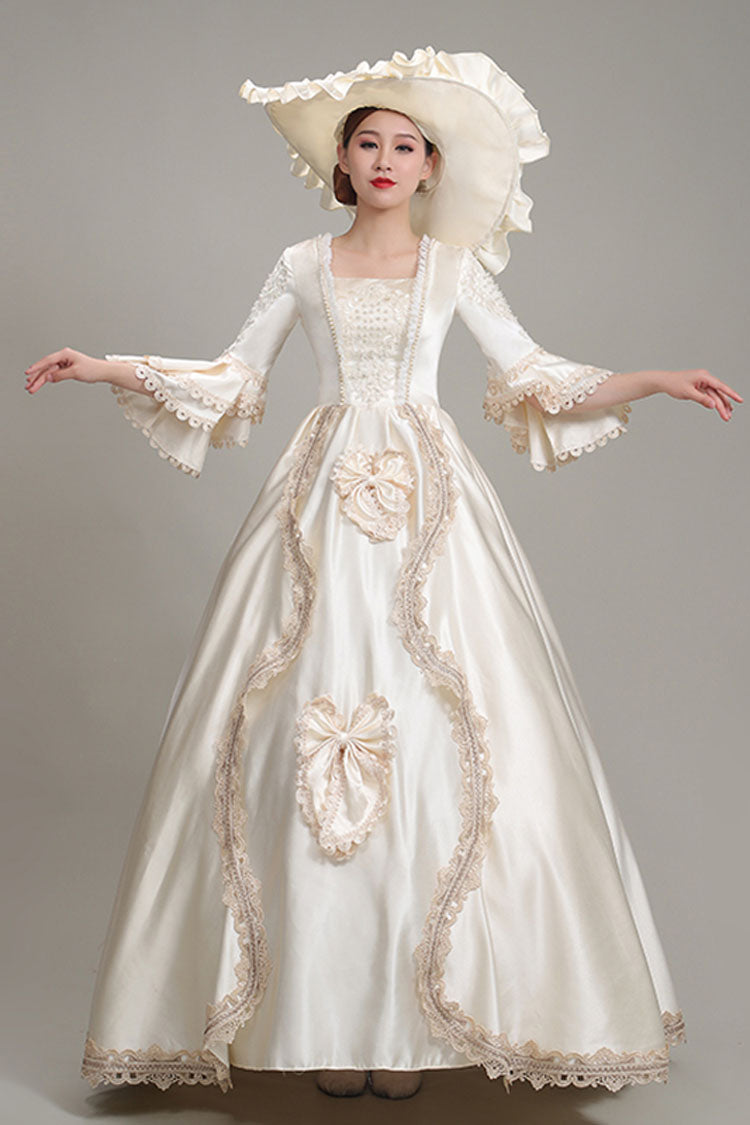 Champagne Multi-Layer Half Trumpet Sleeves High Waisted Bowknot Embroidery Floral Print Victorian Lolita Dress