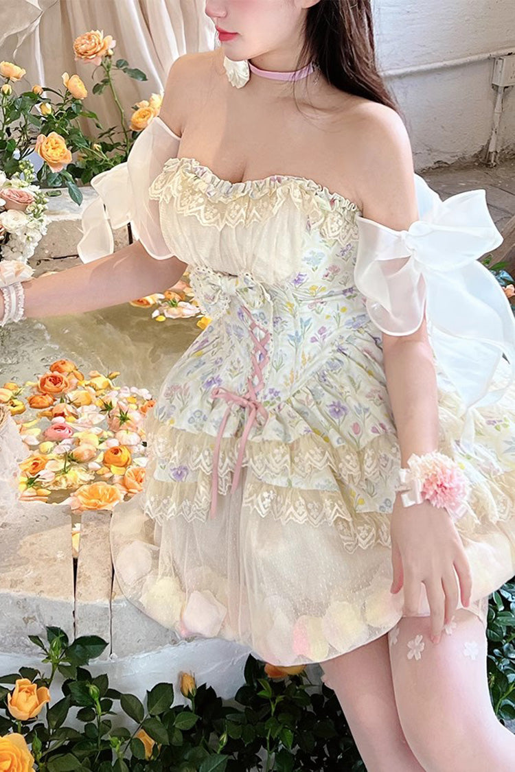 Ivory Flower Story Tulip Print Bowknot Lace Sweet Lolita Skirt