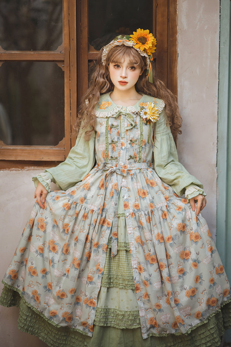 Green Gardening Sunflower Sleeveless Print Ruffle Bowknot Sweet Elegant Lolita Jsk Dress
