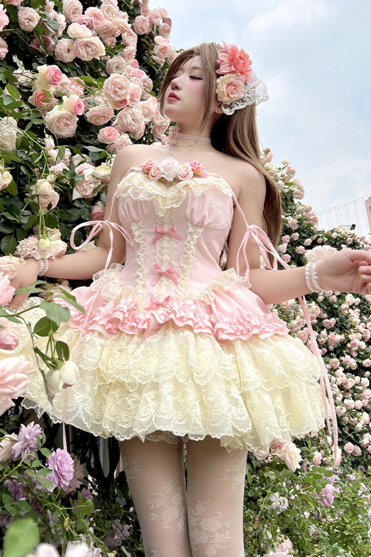 Pink Pure Dream Flower Love Multi-Layered Ruffle Embroidery Bowknot Lace Sweet Lolita Jsk Dress