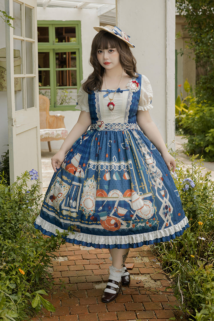 Dark Blue Tea Party Short Sleeves Print Ruffle Bowknot Lace Sweet Elegant Lolita Dress