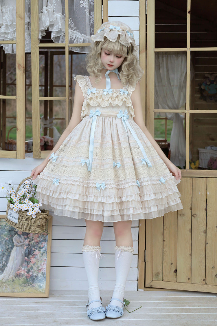 Beige Little Wind Chime Sleeveless Multi-Layered Printed Ruffled Bow Lace Sweet Elegant Princess Lolita Jsk Dress