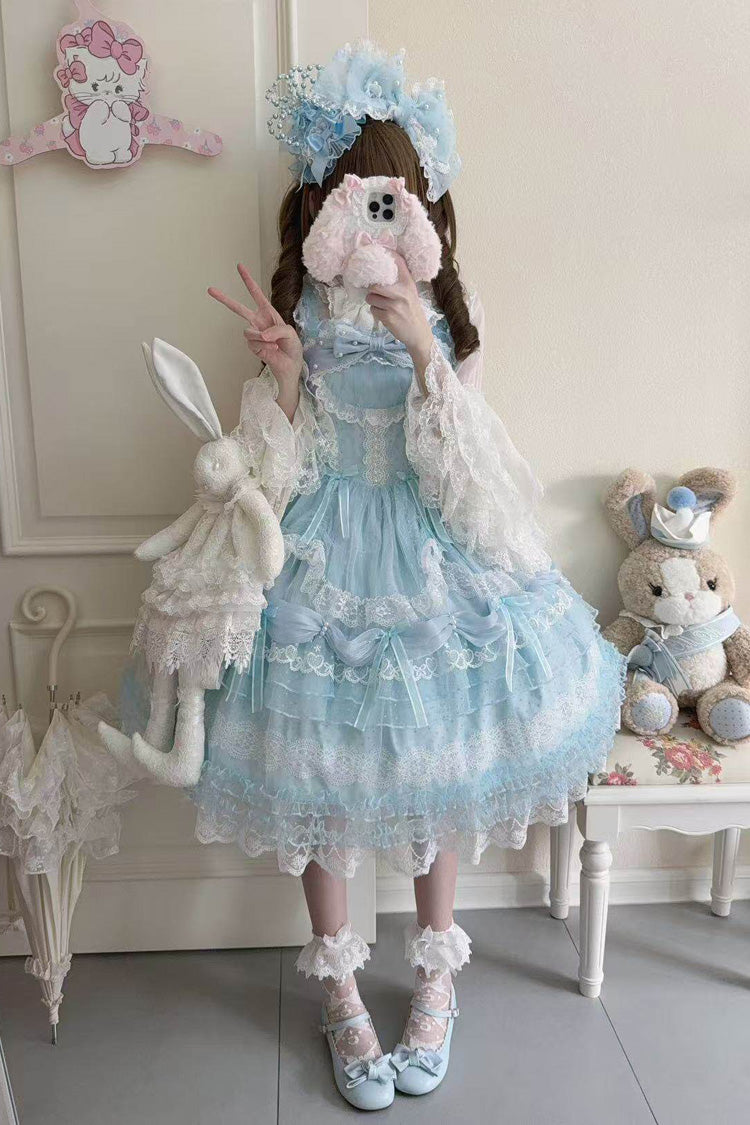 Blue Sugar Heart Knot Multi-Layered Ruffled Bow Lace Sweet Lolita Jsk Dress