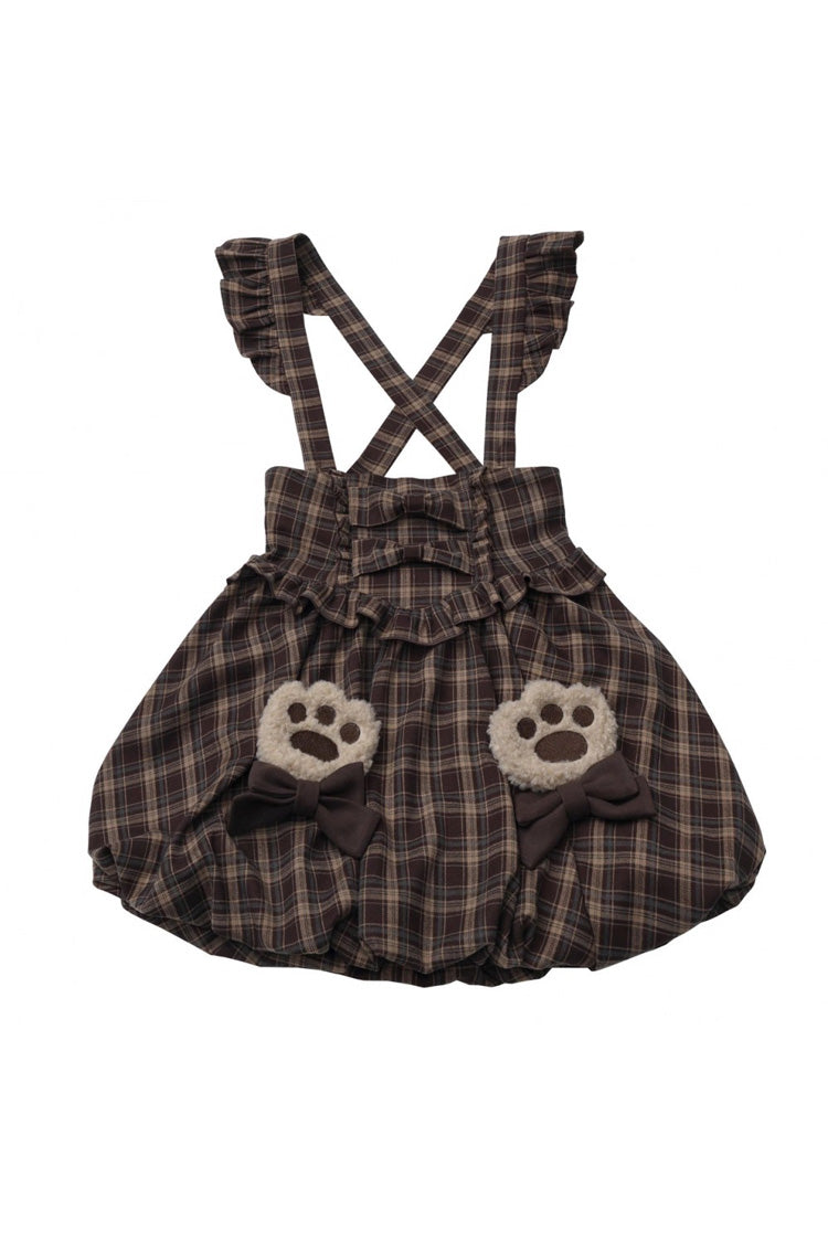 Brown Fluffy Little Bear Sleeveless Printed Ruffled Bow Sweet Lolita Strap Dress