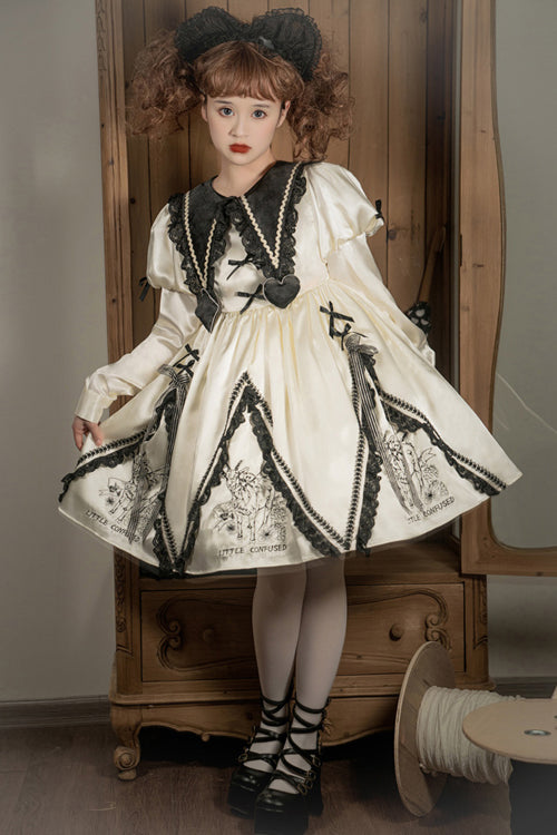 Beige Doll Lapel Collar Long Sleeves Little Confused Print High Waisted Sweet Lolita OP Dress