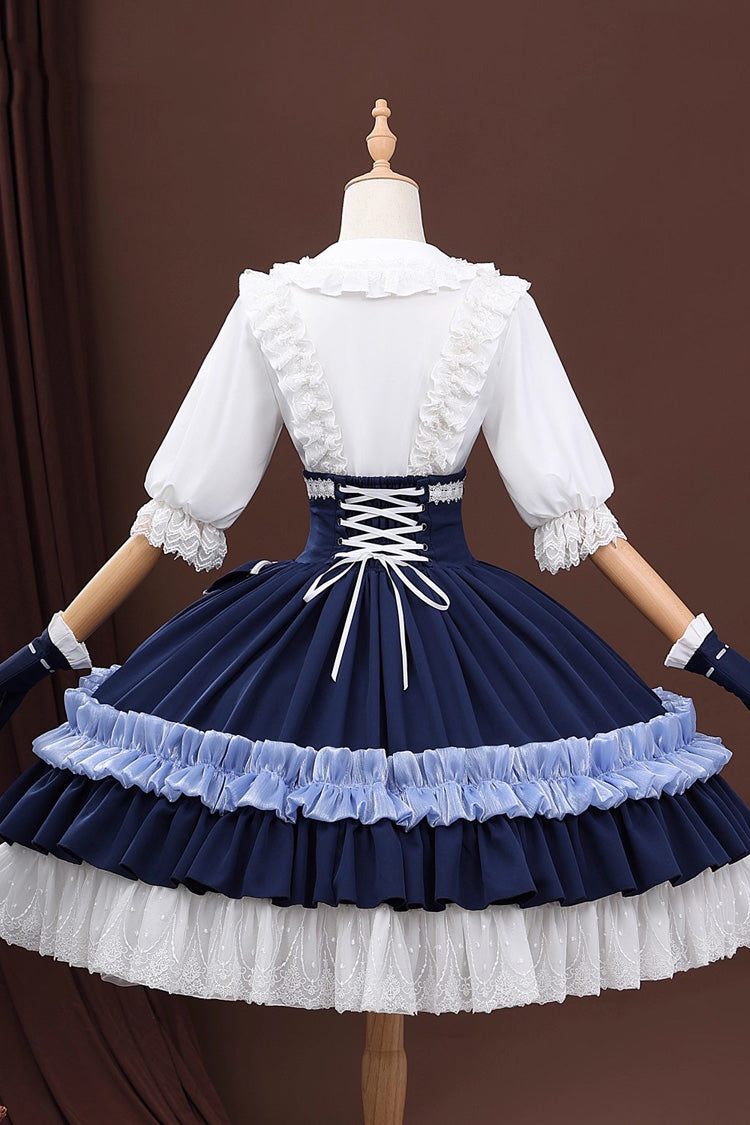 Blue/White Identity V Gardener Cosplay Half Sleeves Ruffle Bowknot Lace Sweet Lolita Skirt Set