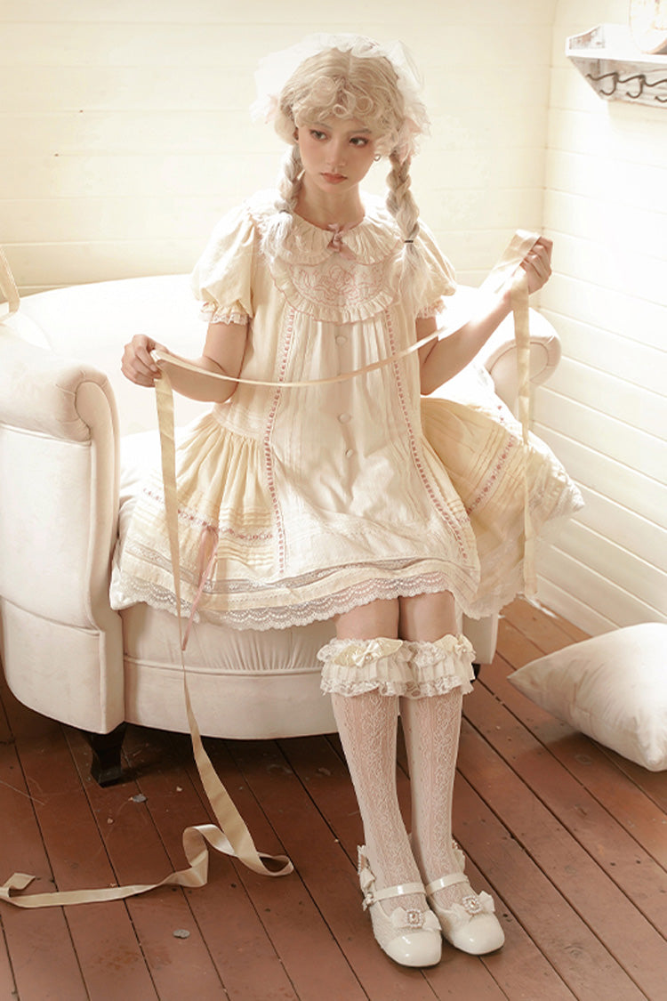 Light Yellow Doll Collar Short Sleeves Little Angel Print Bowknot Lace Sweet Lolita Dress