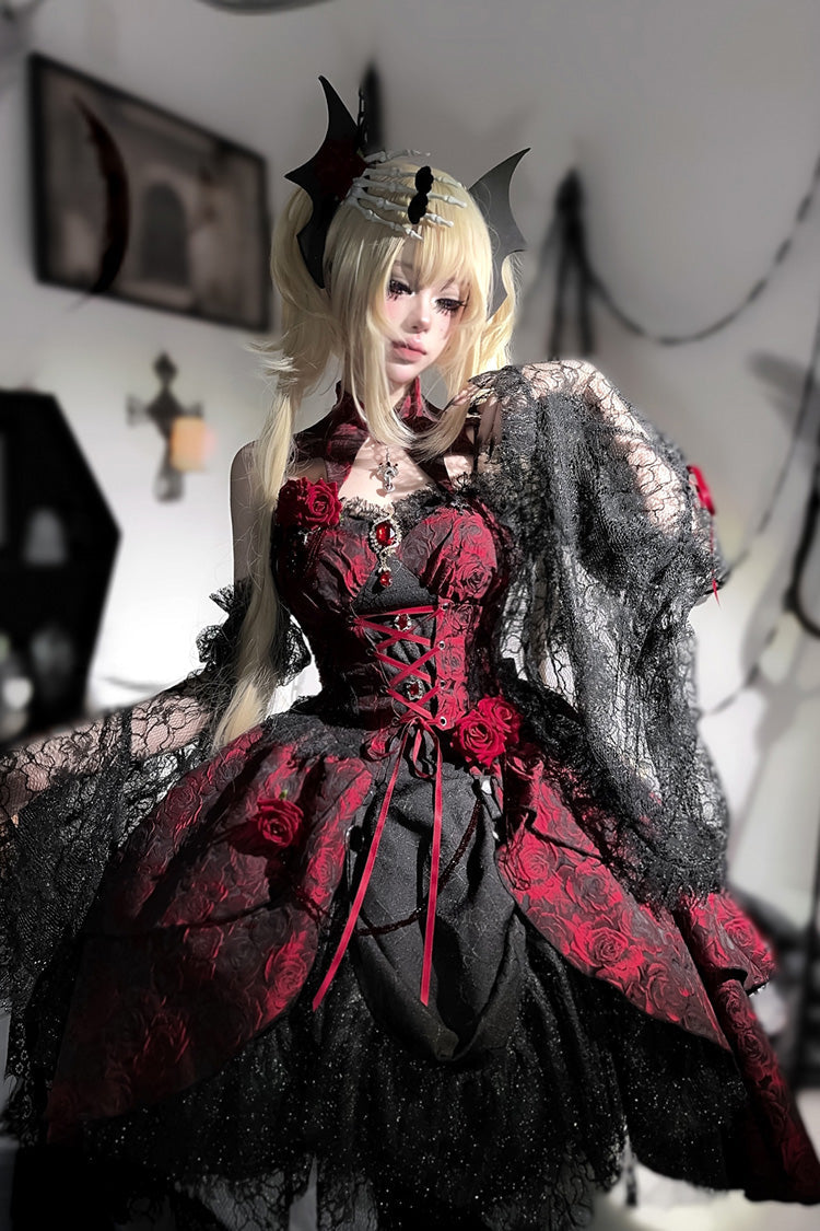 Black/Red Weeping Rose Jacquard Print Ruffle Cardigan Bowknot Lace-Up Gothic Lolita Dress