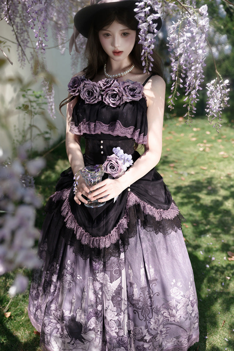 Black/Purple Angel Garden Sleeveless Print Ruffle Bowknot Lace Sweet Gothic Lolita Skirt Set