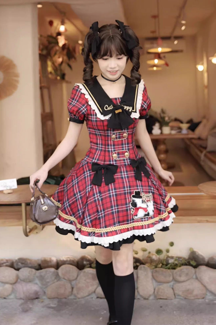 Red Dalmatian Short Sleeves Print Ruffle Bowknot Slim Sweet Lolita Dress