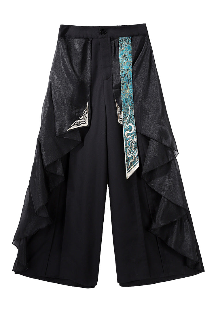 Black/Green Round Collar Long Sleeves Ruffle Embroidery Chinese Style Vintage Handsome Ouji Lolita Set