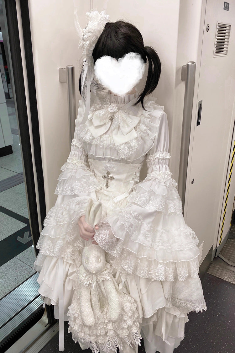 White Eternal Taboo Long Hime Sleeves Ruffled Bow Gothic Lolita Skirt Dress Set