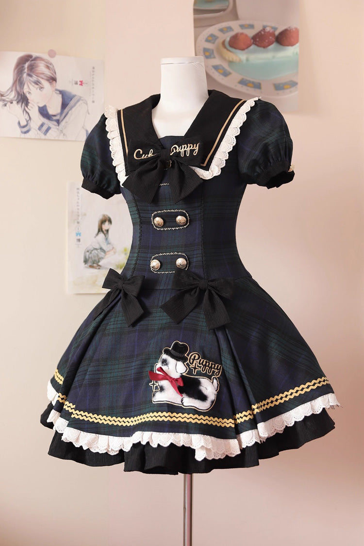 Blue Dalmatian Short Sleeves Print Ruffle Bowknot Slim Sweet Lolita Dress