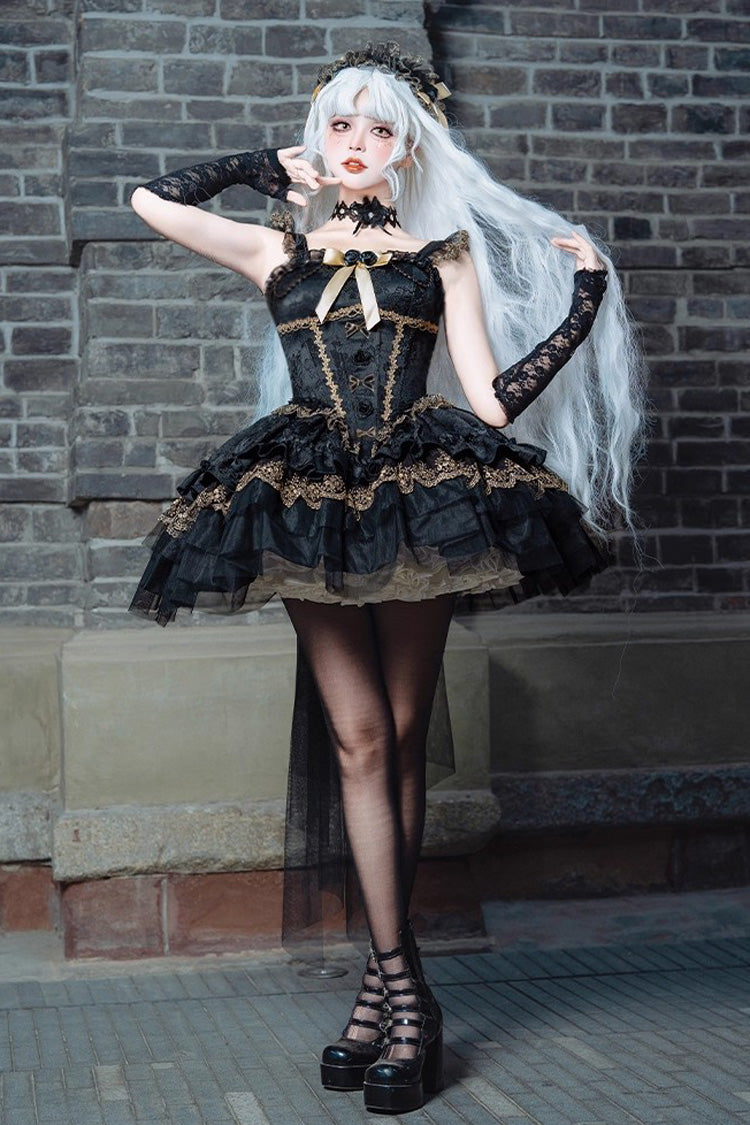 Black Fleeting Light and Shallow Dream Sleeveless Multi-Layered Ruffle Bowknot Lace Slim Gothic Ballet Lolita Jsk Dress