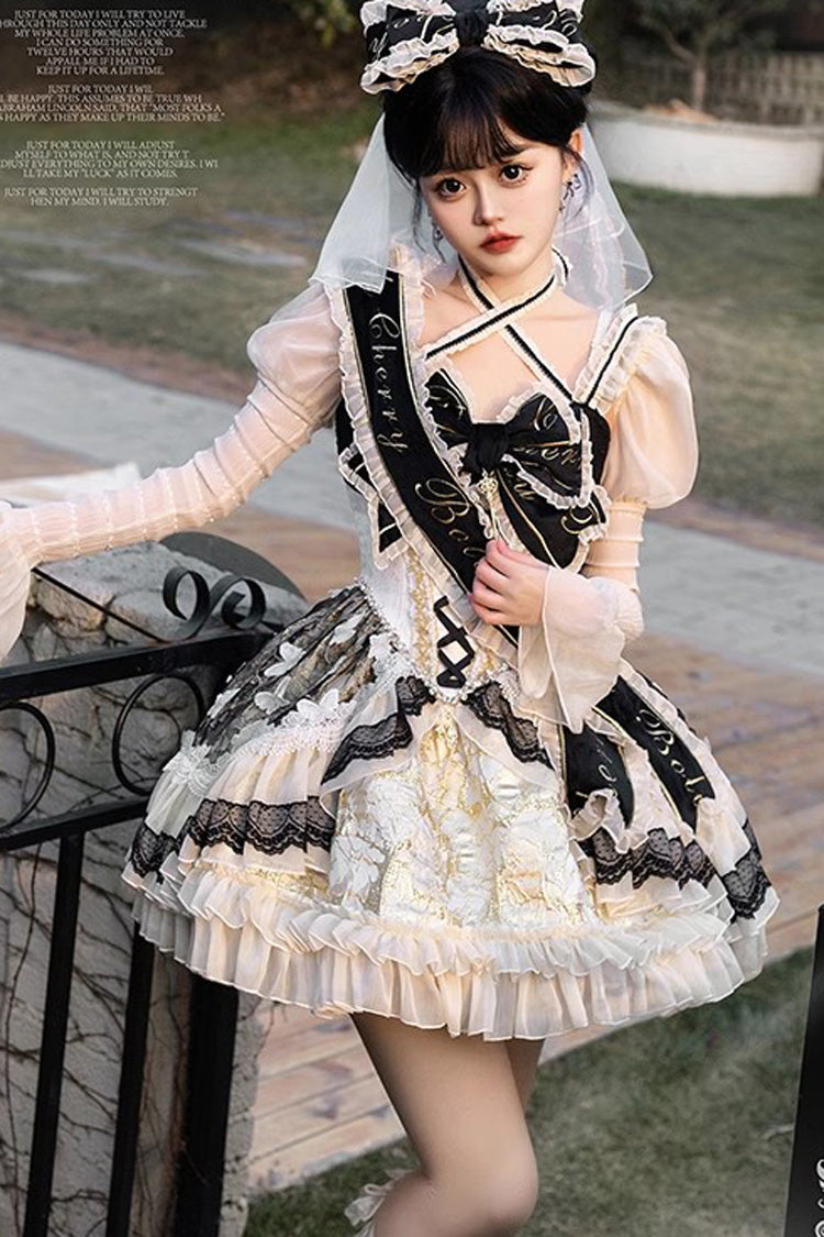 Black/Gold Lilibet Print Ruffle Cardigan Bowknot Lace Fishbone Sweet Lolita Dress