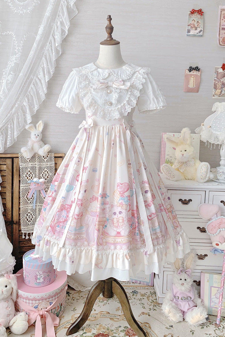 Ivory Cute Cat Print High Waisted Ruffle Bowknot Sweet Princess Lolita JSK Dress
