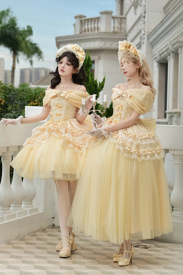 Yellow Sissi's Pilgrimage Off Shoulder Ruffle Bowknot Lace Sweet Lolita Skirt (Long Version)