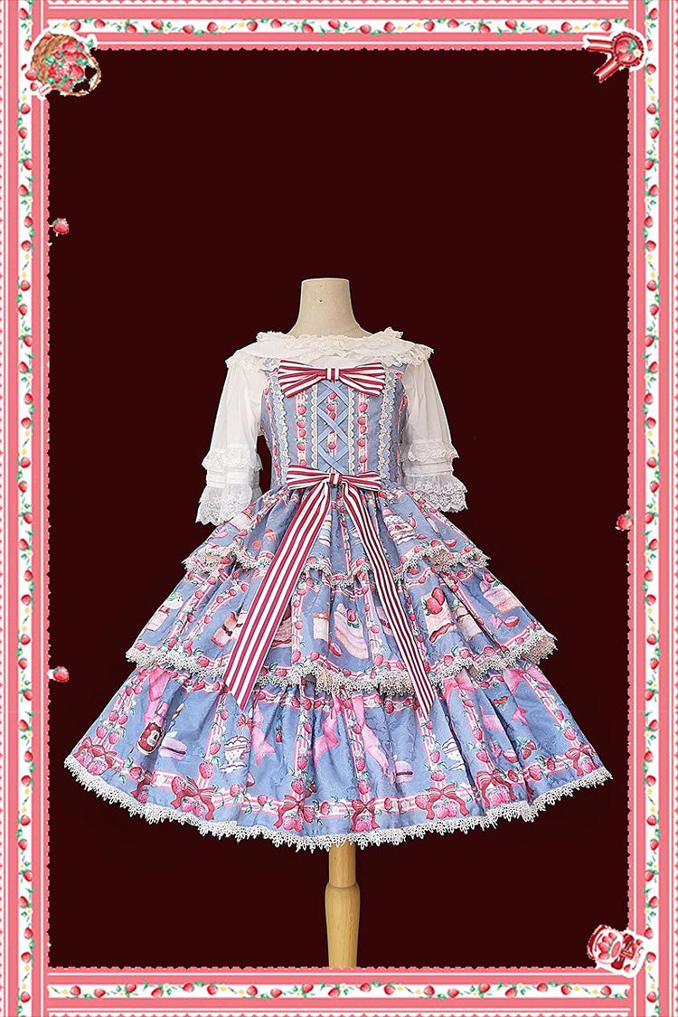 Strawberry Afternoon Tea Cake Ice Cream Print Bowknot Sleeveless Sweet Lolita Tiered Dress 3 Colors