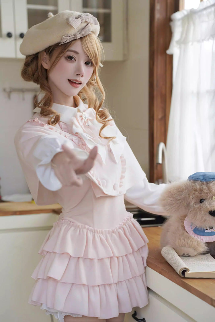 Pink Cherry Blossom Snow Lapel Collar Long Sleeves Triple-Layered Ruffled Bow Faux Two-Piece Sweet Lolita Dress