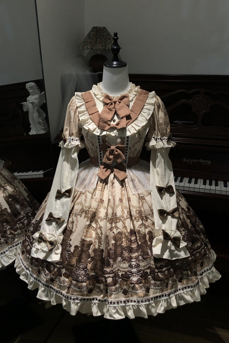 Brown Teddy Bear Party Round Collar Short Sleeves Printed Ruffled Bow Daily Sweet Lolita Dress