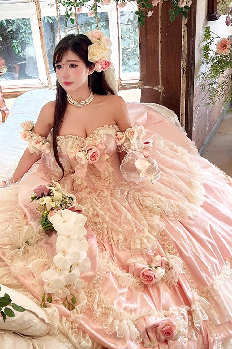 Pink Love and Roses Ruffle Hanayome Bowknot Lace Sweet Princess Lolita Jsk Dress