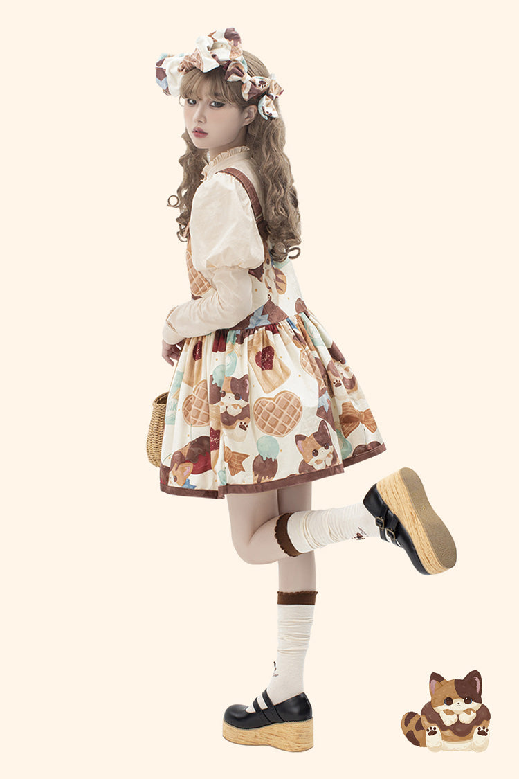 Multi-Color Sleeveless Muffin Kitten Print Bowknot Sweet Lolita Strap Dress