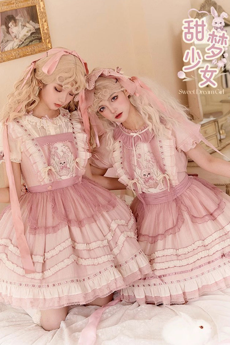 Pink Rabbit Print Sweet Dream Girl Ruffle Bowknot Stitching Lace Lolita JSK Dress