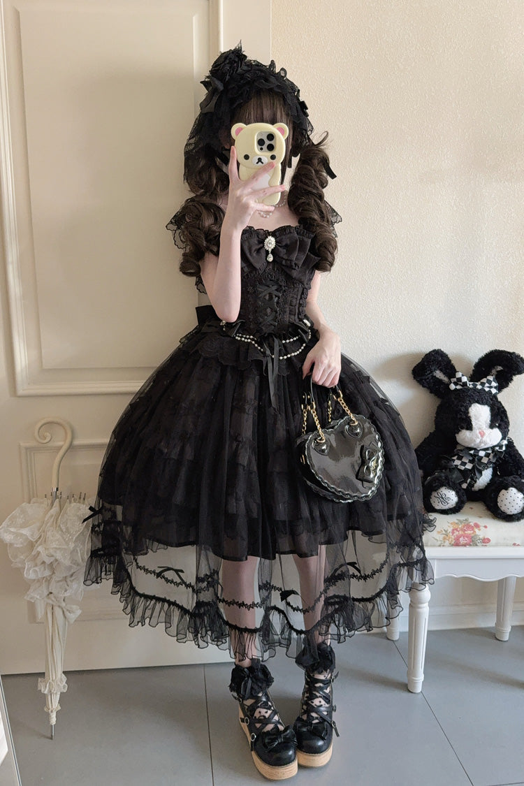 Black Eternal Vow Sleeveless Multi-Layered Ruffle Hanayome Bowknot Lace Lace-Up Gothic Lolita Jsk Dress
